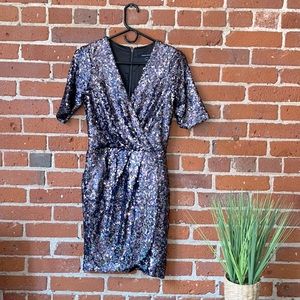 French Connection Dress Mini Sequin Ruched Waist Front Flap Charcoal Size 4
